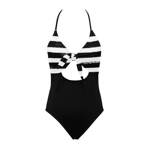 Stripes Woman's Swimwear White Plain Backless Hollow Out Bow Tie Swimsuit (Model S17)