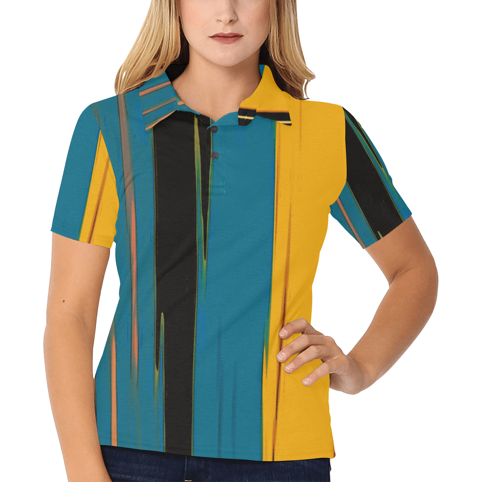 Black Turquoise And Orange Go! Abstract Art Women's All Over Print Polo Shirt (Model T55)