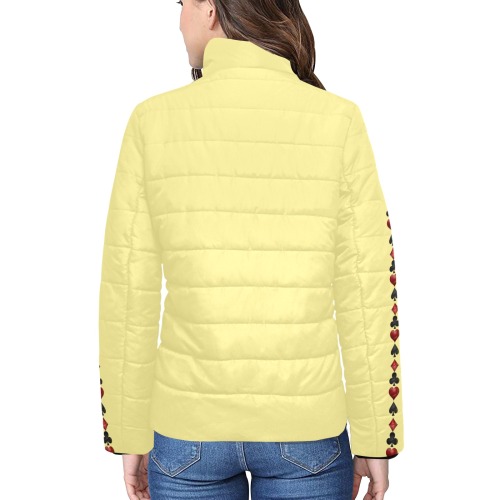 Black and Red Playing Card Shapes / Yellow Women's Stand Collar Padded Jacket (Model H41)