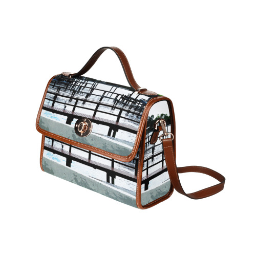 Docks On The River 7580 Waterproof Canvas Bag-Brown (All Over Print) (Model 1641)