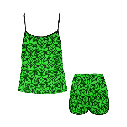 Ô Op Art Leaf Pattern on Neon Green Women's Spaghetti Strap Short Pajama Set