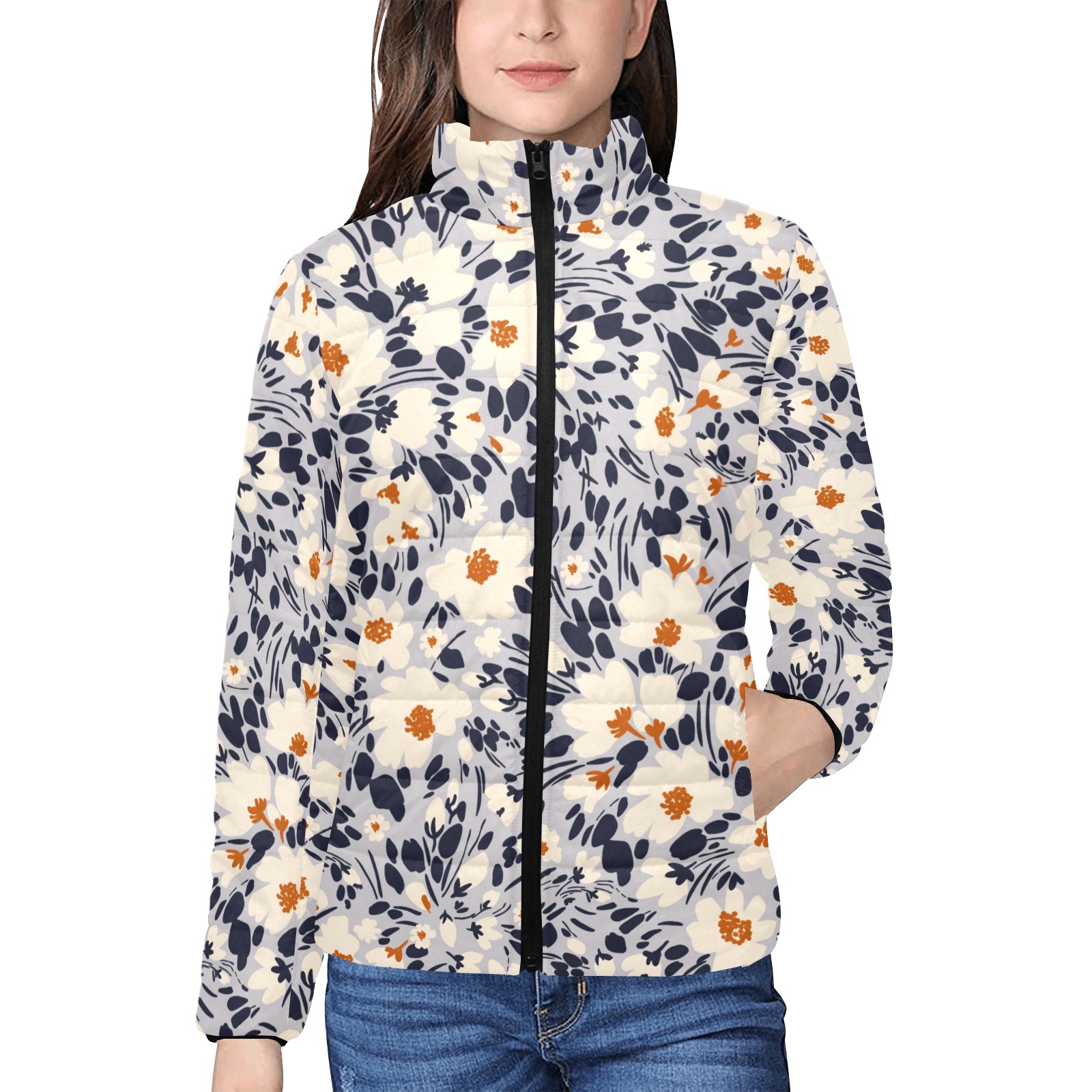 BW tropical floral Women's Stand Collar Padded Jacket (Model H41)