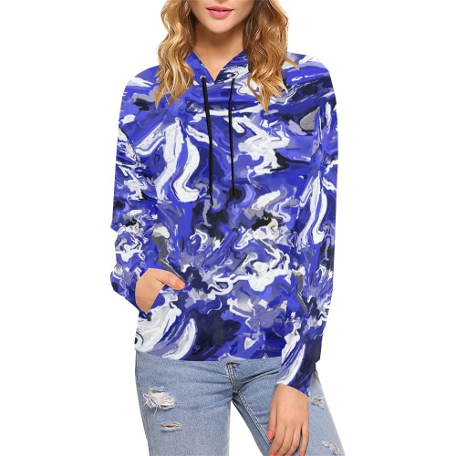 Black, White and Blue Abstract All Over Print Hoodie for Women (USA Size) (Model H13)