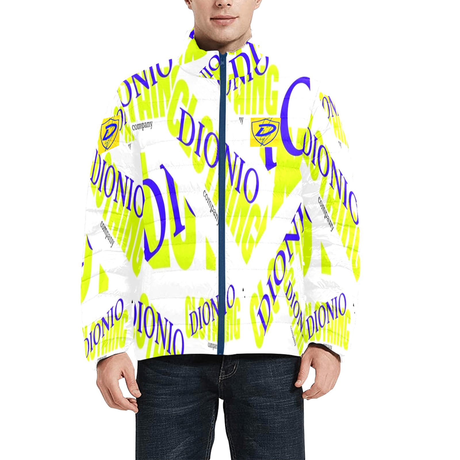 DIONIO Clothing - Company Stand Collar Padded Jacket (White , Blue & Yellow) Men's Stand Collar Padded Jacket (Model H41)