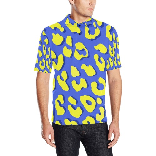 Leopard Print Blue Yellow Men's All Over Print Polo Shirt (Model T55)
