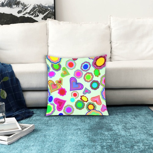 Groovy Hearts Flowers Pattern Green Custom Zippered Pillow Cases 16"x16" (Two Sides)