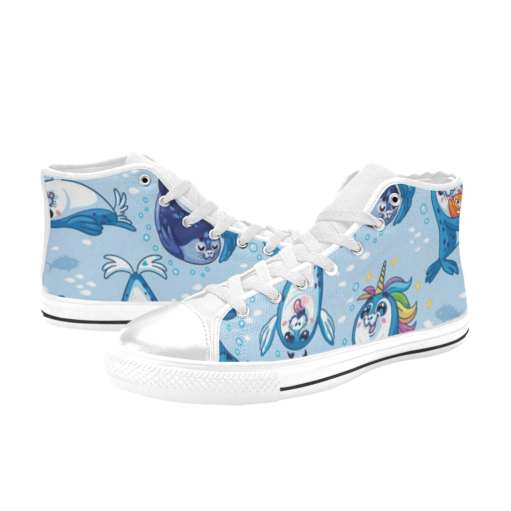 Seamless pattern with cute dolphins seal cartoon characters.jpg High Top Canvas Shoes for Kid (Model 017)