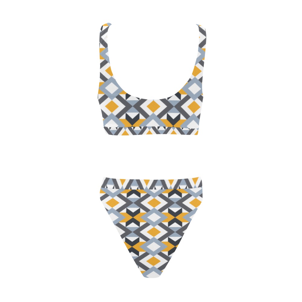 Retro Angles Abstract Geometric Pattern Sport Top & High-Waisted Bikini Swimsuit (Model S07)