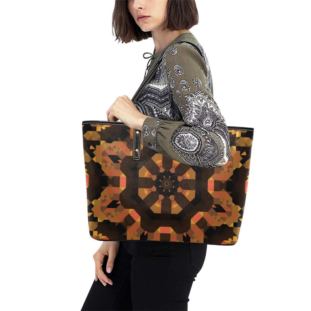 Brown Copper Kaleidoscope Chic Leather Tote Bag (Model 1709)