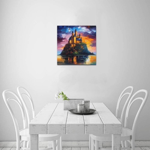 Medieval castle on a small island at sunset art. Upgraded Canvas Print 16"x16"