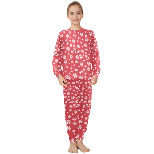 Christmas  White Snowflakes on Red Big Girls' Crew Neck Long Pajama Set