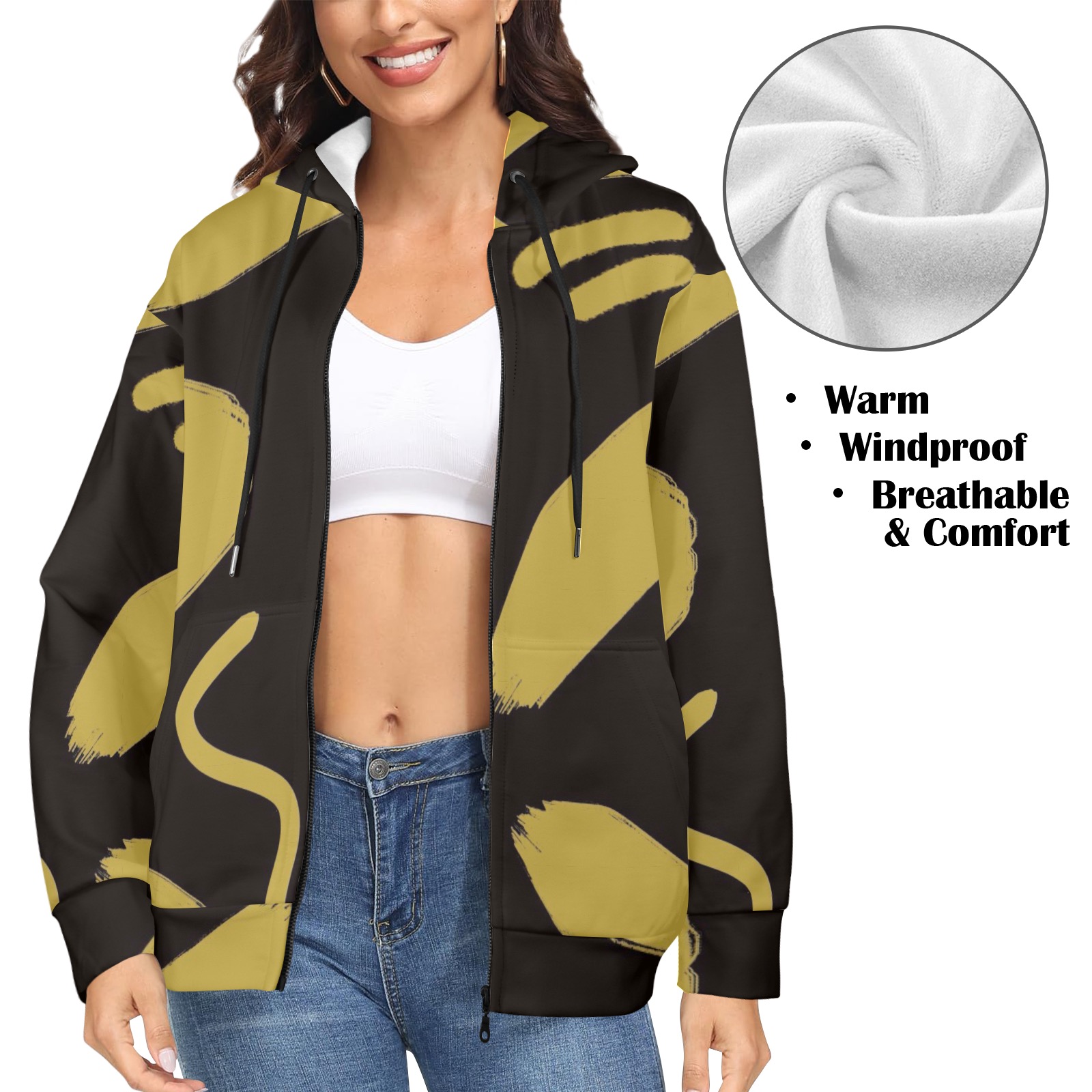 Tribal Black and Gold Women's Fleece Full-Zip Hoodie (Model H60)