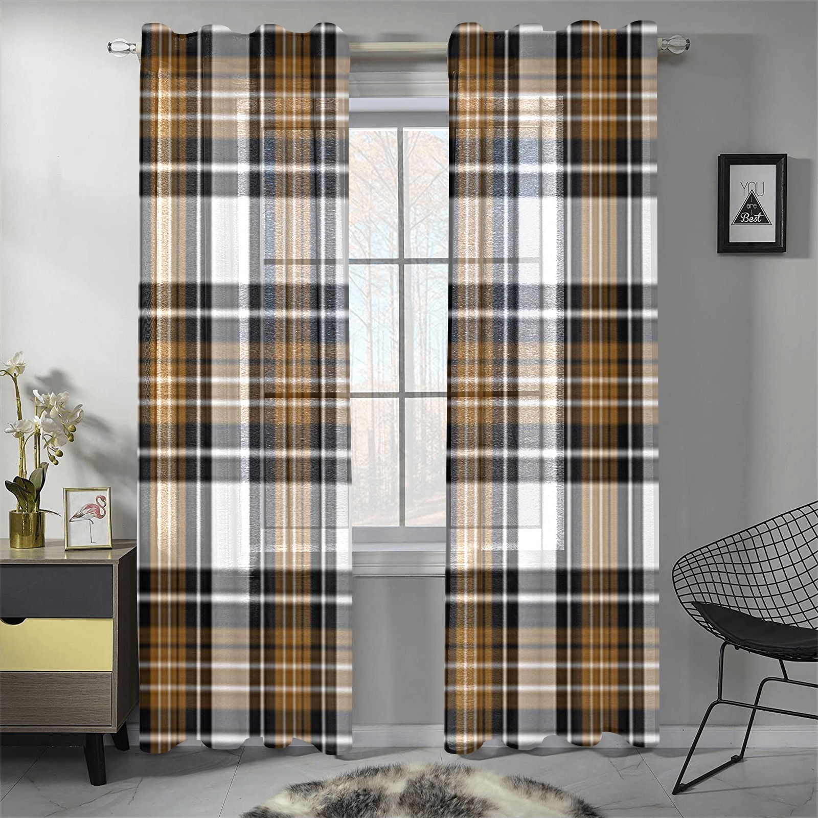 Brown Black Plaid Gauze Curtain 28"x84" (Two-Piece)
