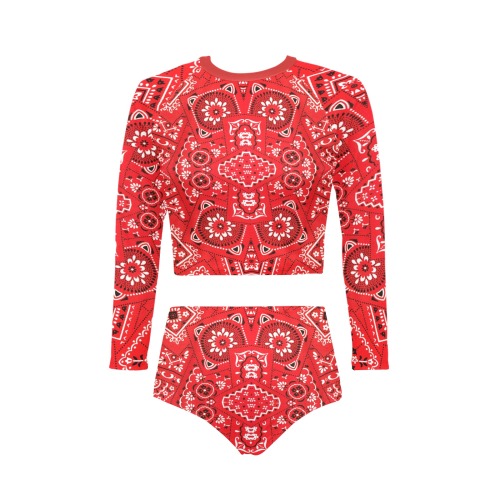 Bandana Squares Red Long Sleeve Bikini Set (Model S27)