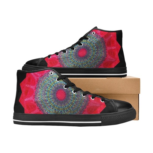 Blooming Poppy Flower Fractal Abstract Kaleidoscope Mandala Women's Classic High Top Canvas Shoes (Model 017)