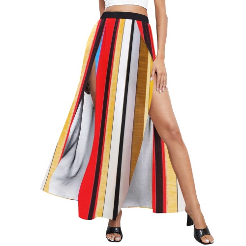 Colorful abstract pattern stripe art wood metal High Slit Long Beach Dress (Model S40)