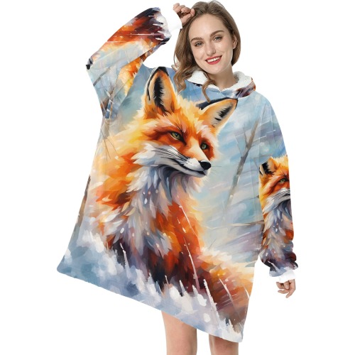 Lovely red fox animal winter forest snow chic art Blanket Hoodie for Women
