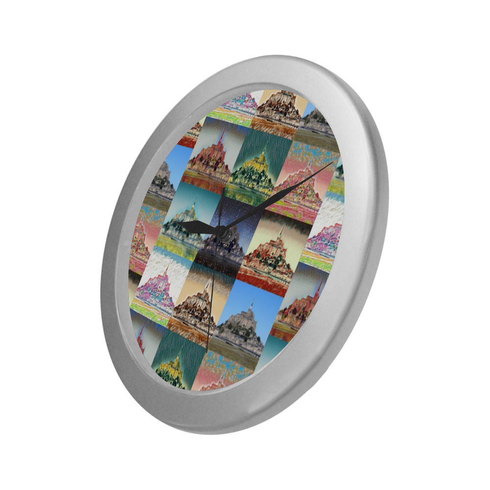 Mont Saint Michel, Normandy, France Collage Silver Color Wall Clock