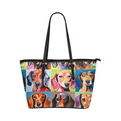 Colorful Dachshund Purse Leather Tote Bag/Large (Model 1651)