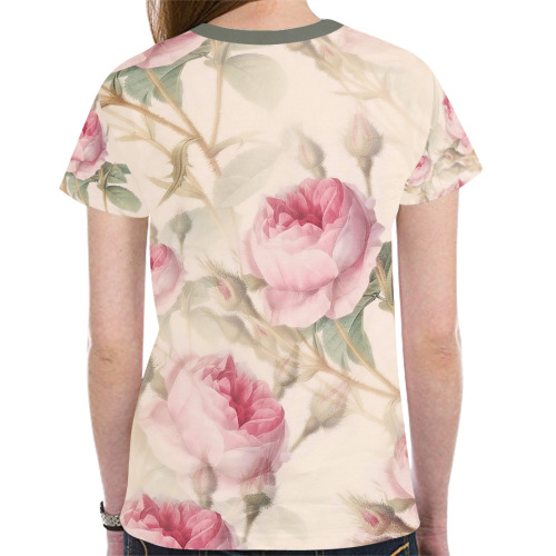 Vintage Pink Rose Garden Pattern New All Over Print T-shirt for Women (Model T45)