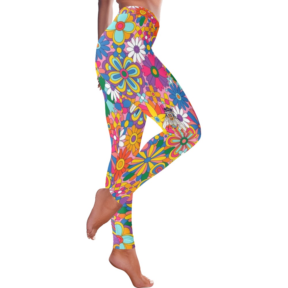 Groovy floral Collectable Fly Women's Low Rise Leggings (Invisible Stitch) (Model L05)