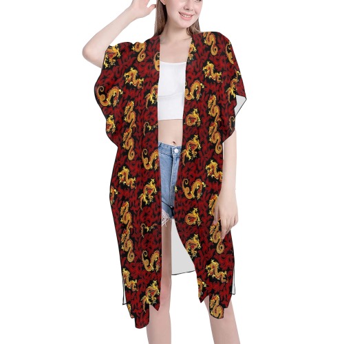 Swirly Red Dragons Pattern Mid-Length Side Slits Chiffon Cover Ups (Model H50)