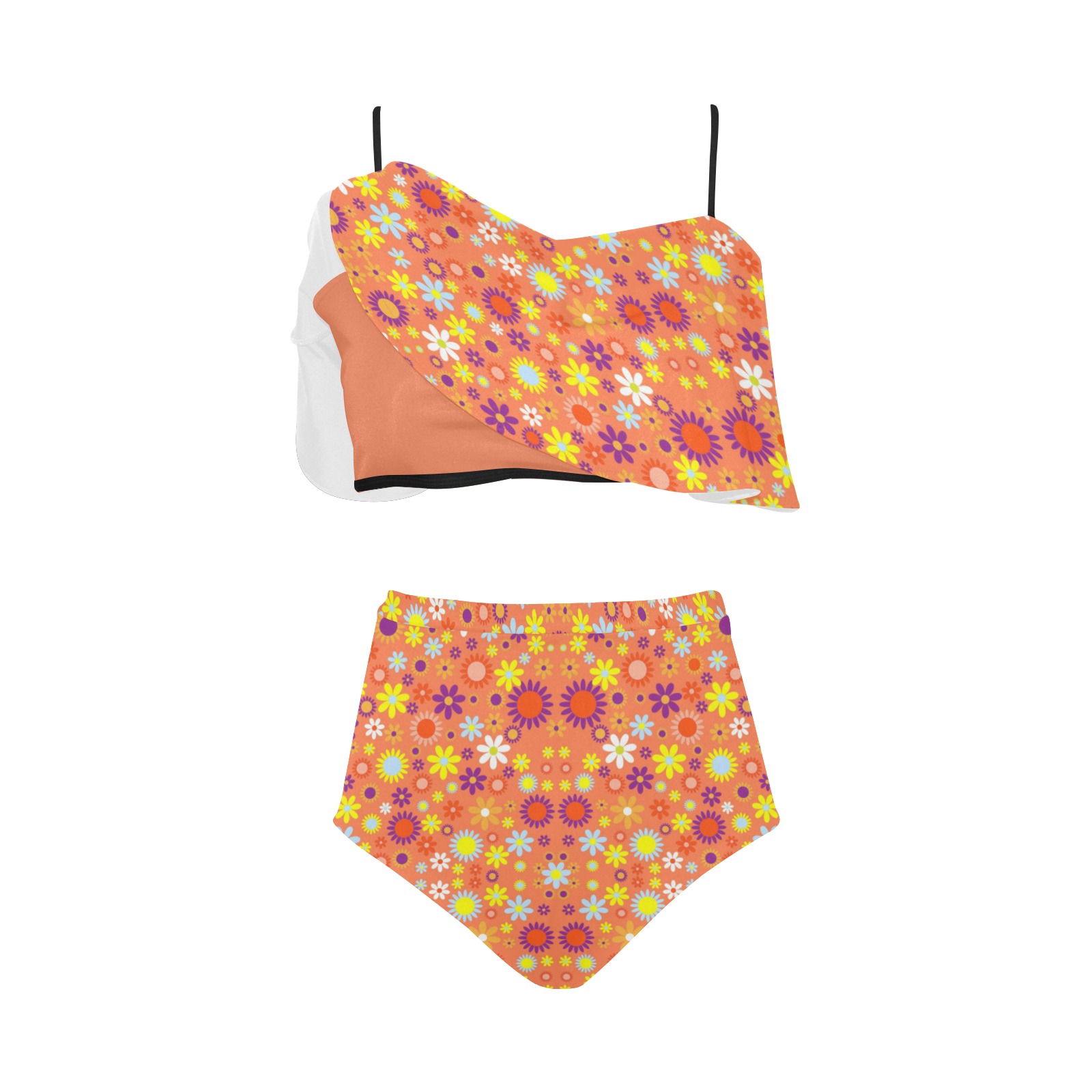 Floral Pattern Living Coral High Waisted Ruffle Bikini Set (Model S13)