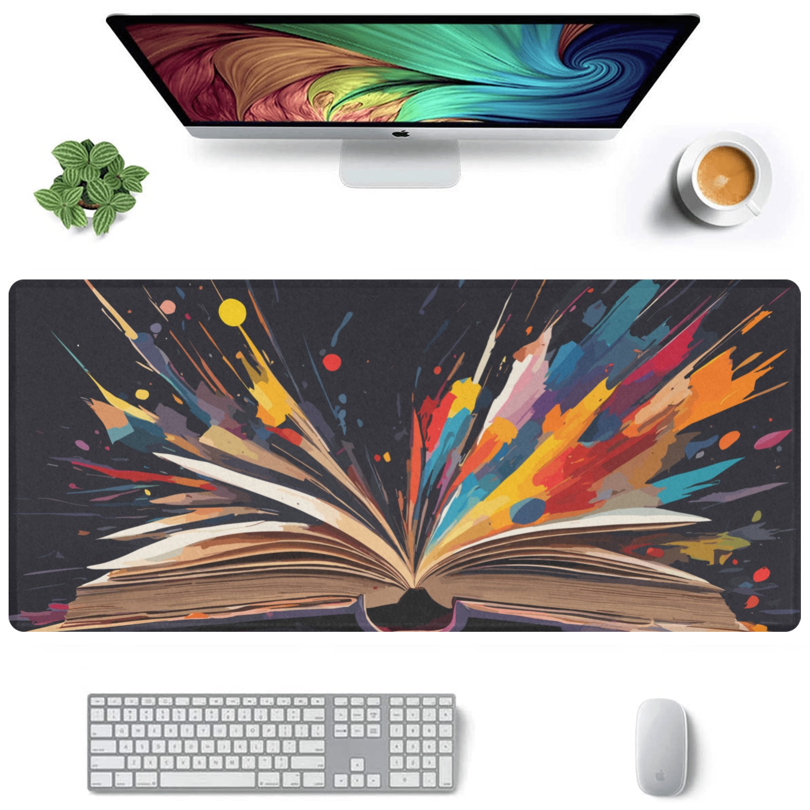 Colorful fantasy erupts from the open book art Gaming Mousepad (35"x16")