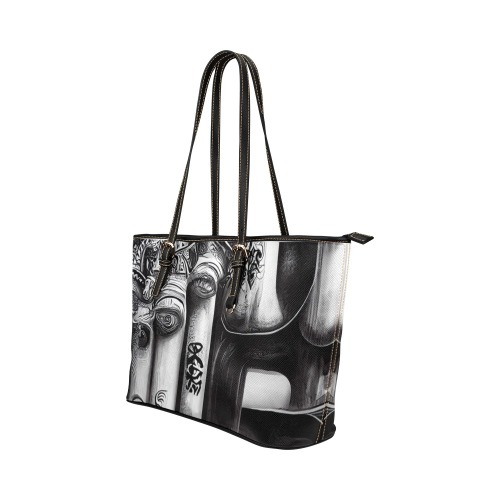 black and white graffiti style building's Leather Tote Bag/Large (Model 1651)