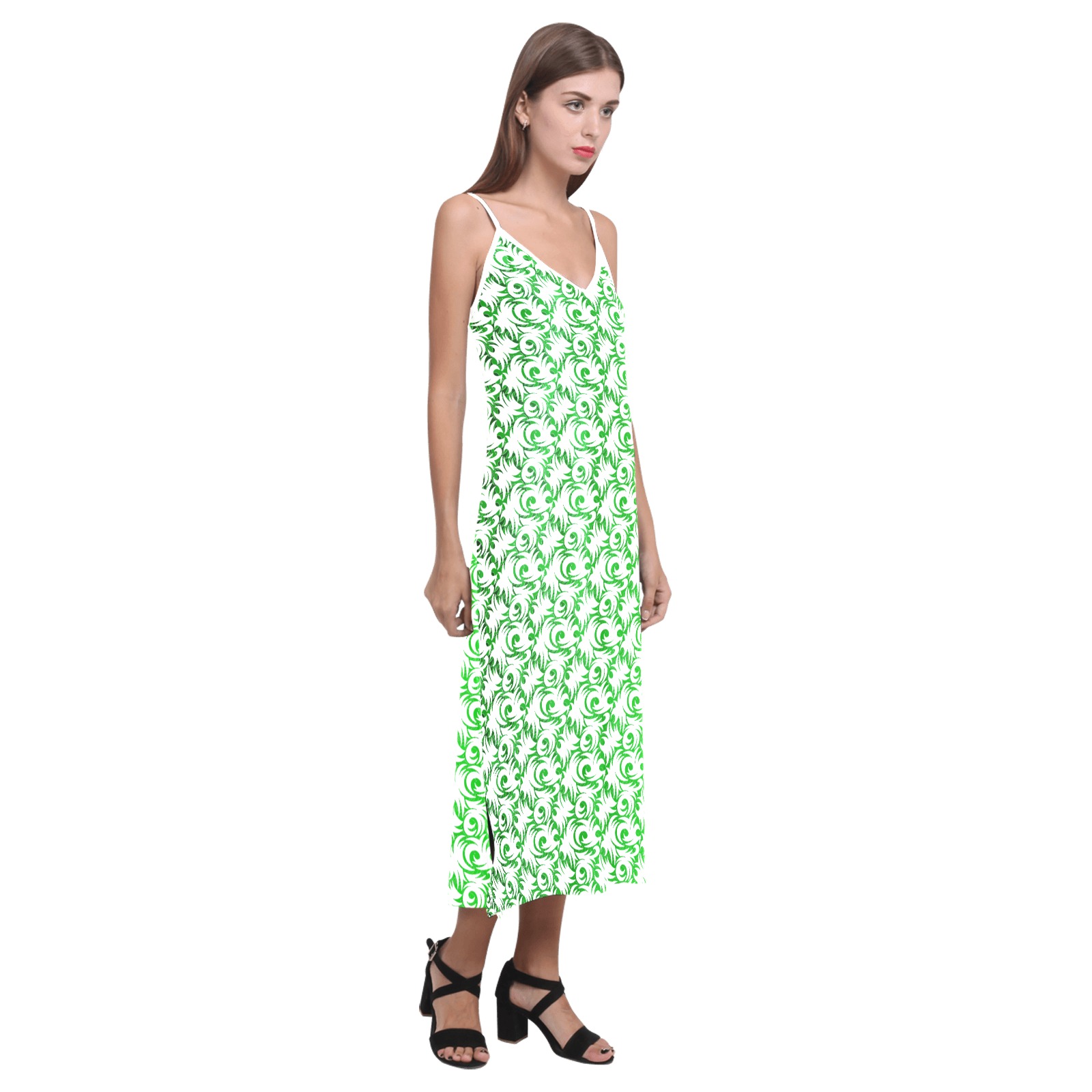 green swirl V-Neck Open Fork Long Dress(Model D18)