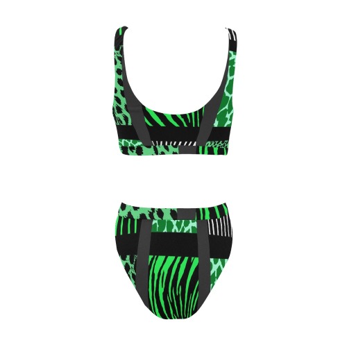 Green Mixed Animal Print Sport Top & High-Waisted Bikini Swimsuit (Model S07)