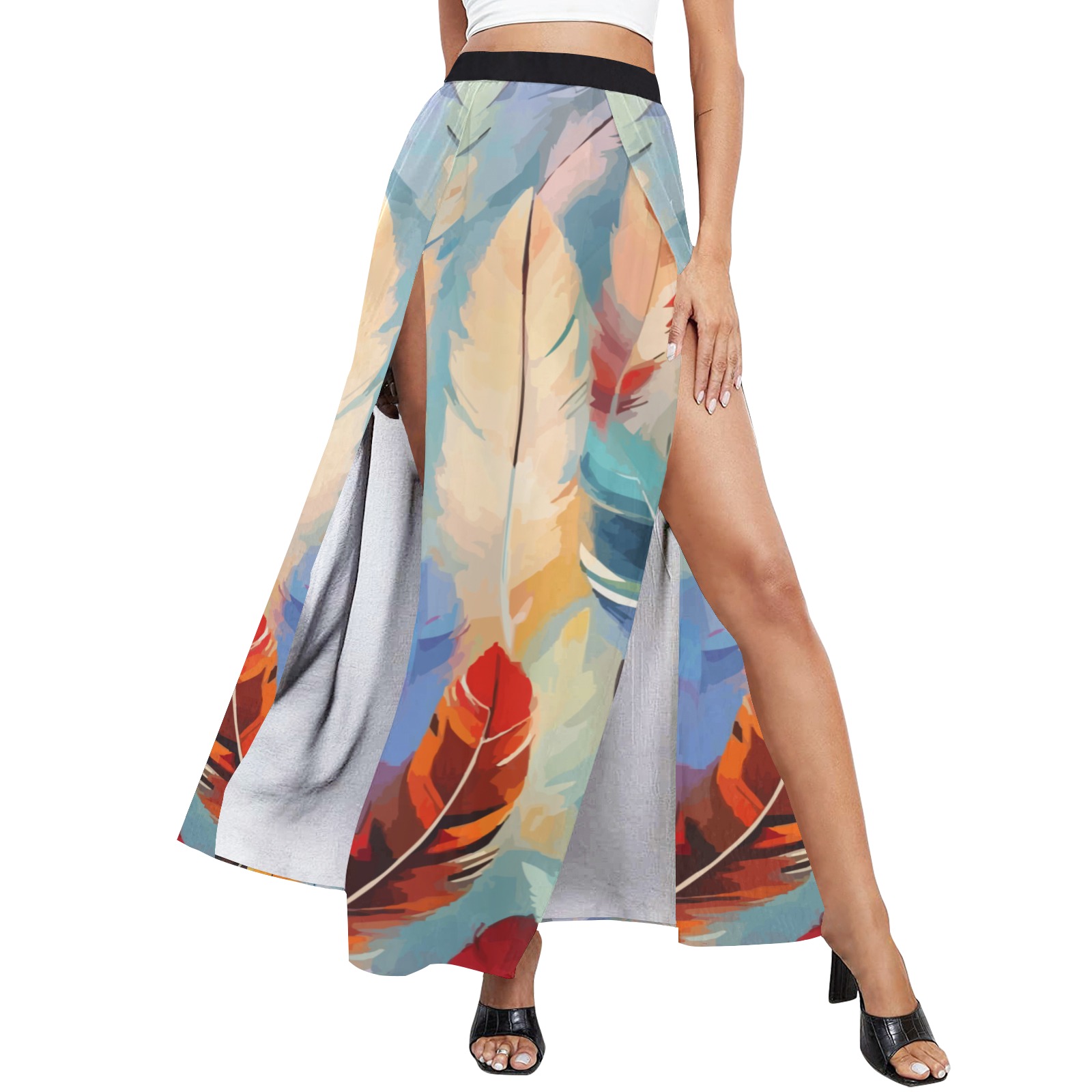 Cool mix of magnificent feathers. Soft colors. High Slit Long Beach Dress (Model S40)