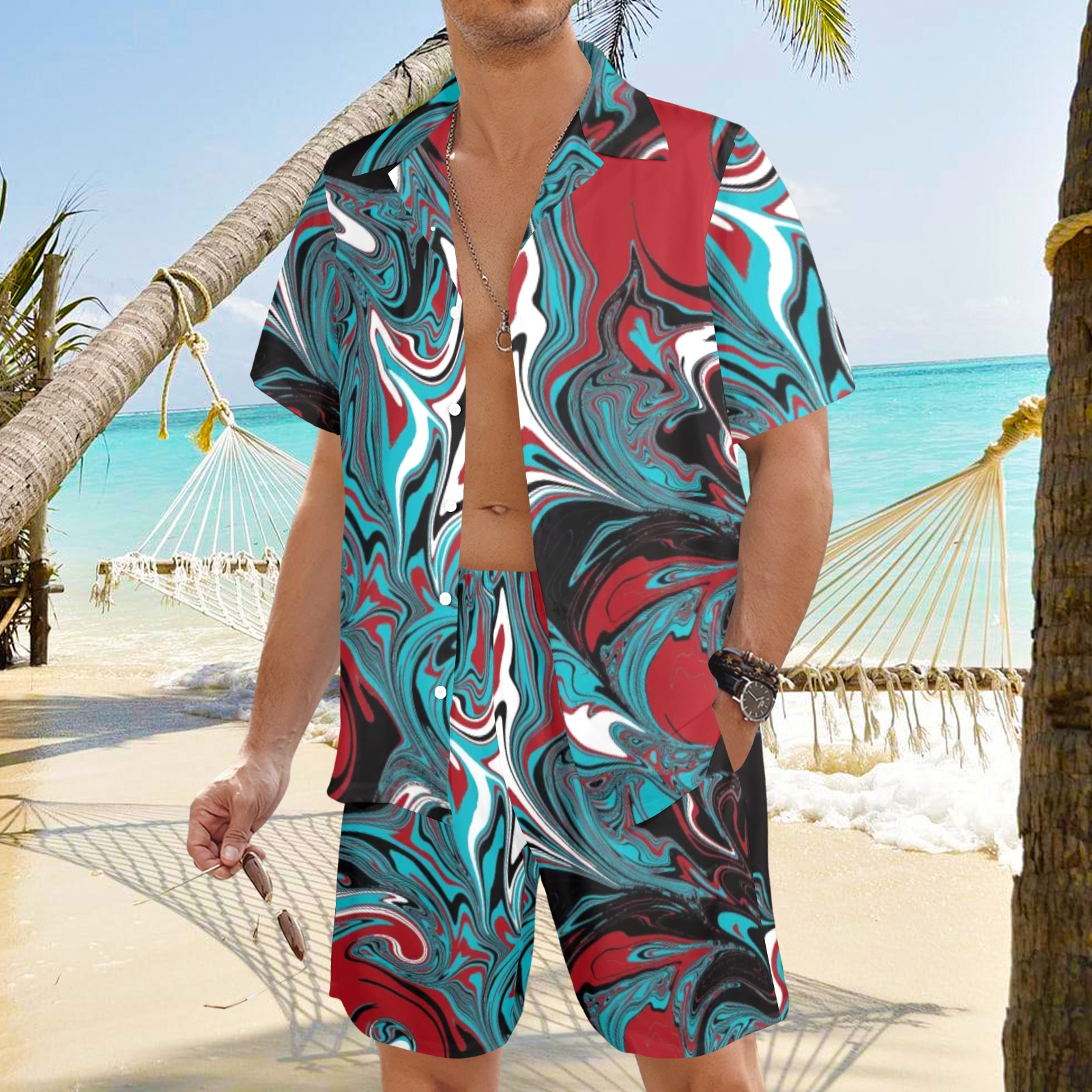 Dark Wave of Colors with White Buttons Men's Shirt and Shorts Outfit (Set26)