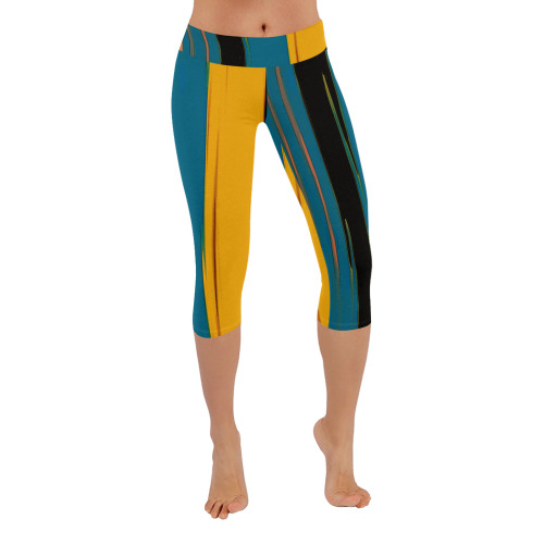 Black Turquoise And Orange Go! Abstract Art Women's Low Rise Capri Leggings (Invisible Stitch) (Model L08)