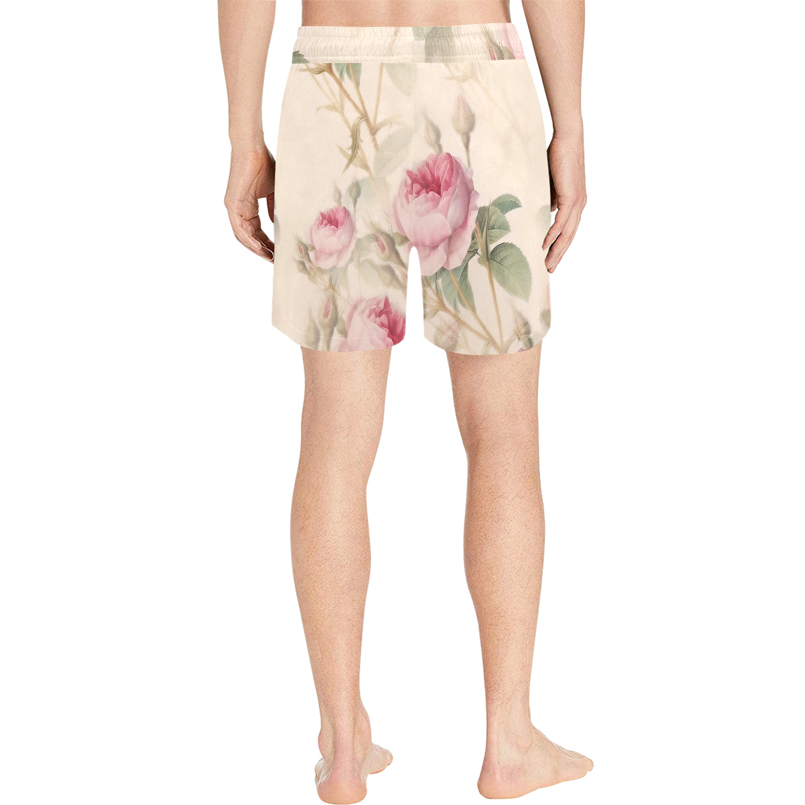 Vintage Pink Rose Garden Pattern Men's Mid-Length Swim Shorts (Model L39)