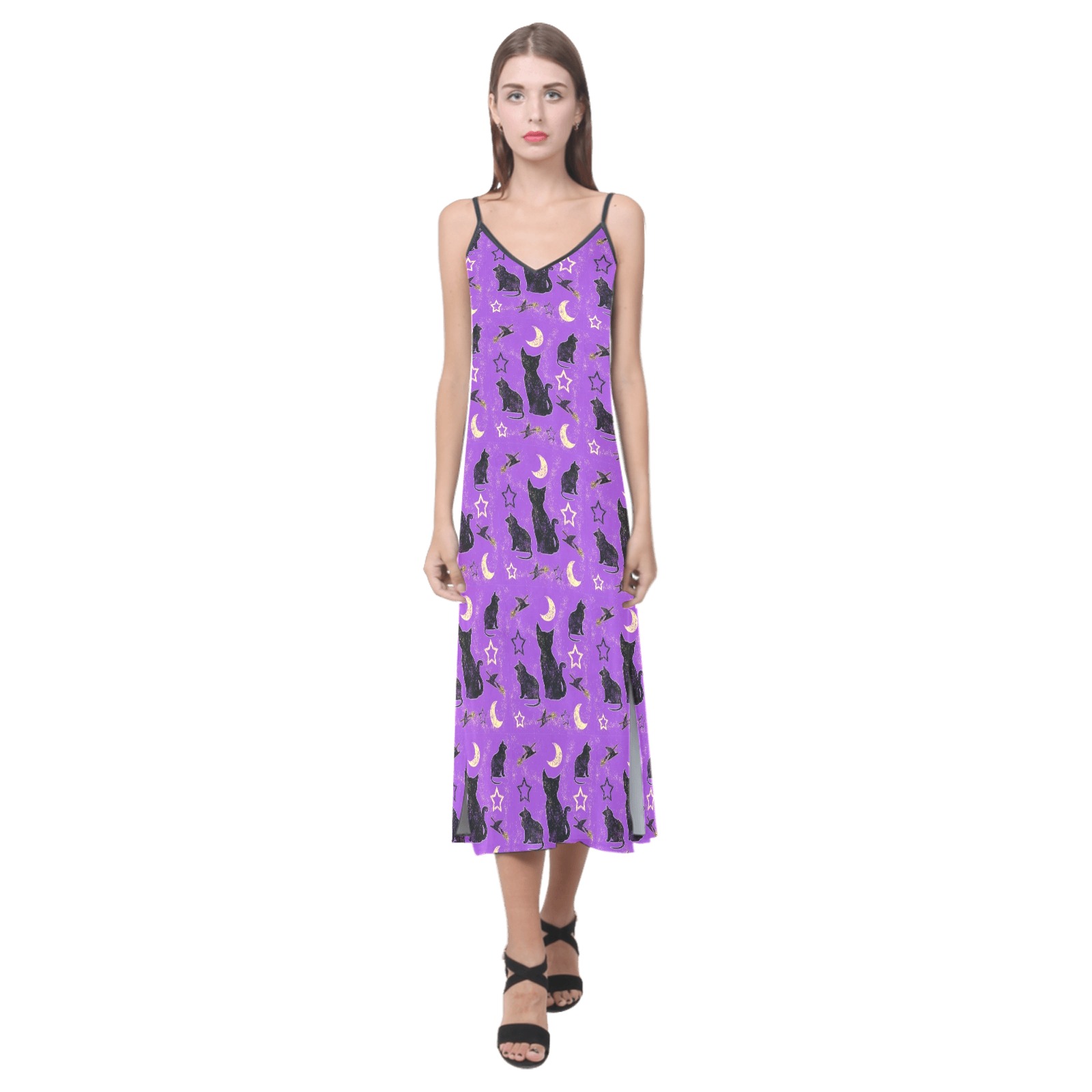 Painted Cats and Witch Hats V-Neck Open Fork Long Dress(Model D18)