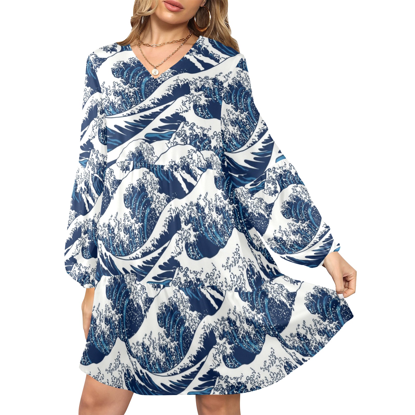 ocean waves V-Neck Loose Fit Dress (Model D66)