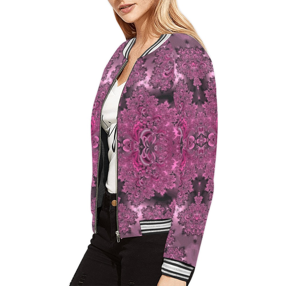 Pink Azalea Bushes Frost Fractal All Over Print Bomber Jacket for Women (Model H21)