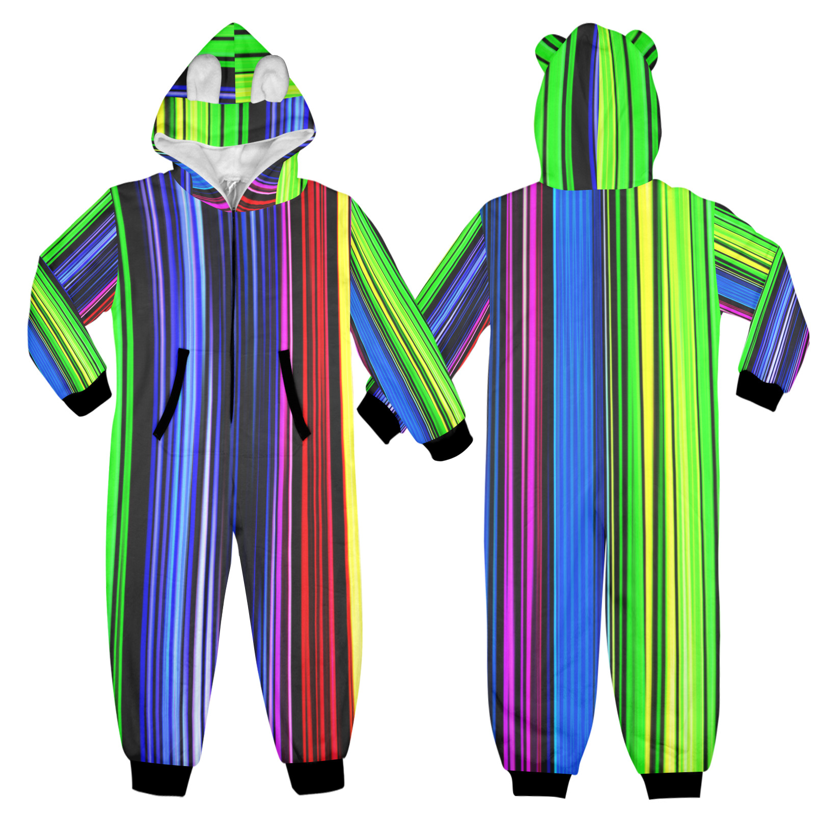 A Rainbow Of Stripes One-Piece Zip Up Hooded Pajamas for Big Kids
