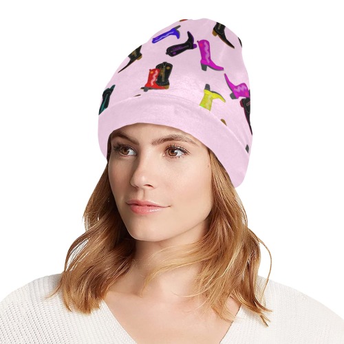 Colorful Cowboy Boots on Pink All Over Print Beanie for Adults