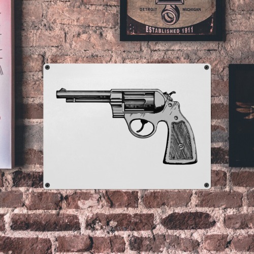 Image of a vintage revolver of black and gray. Metal Tin Sign 16"x12"