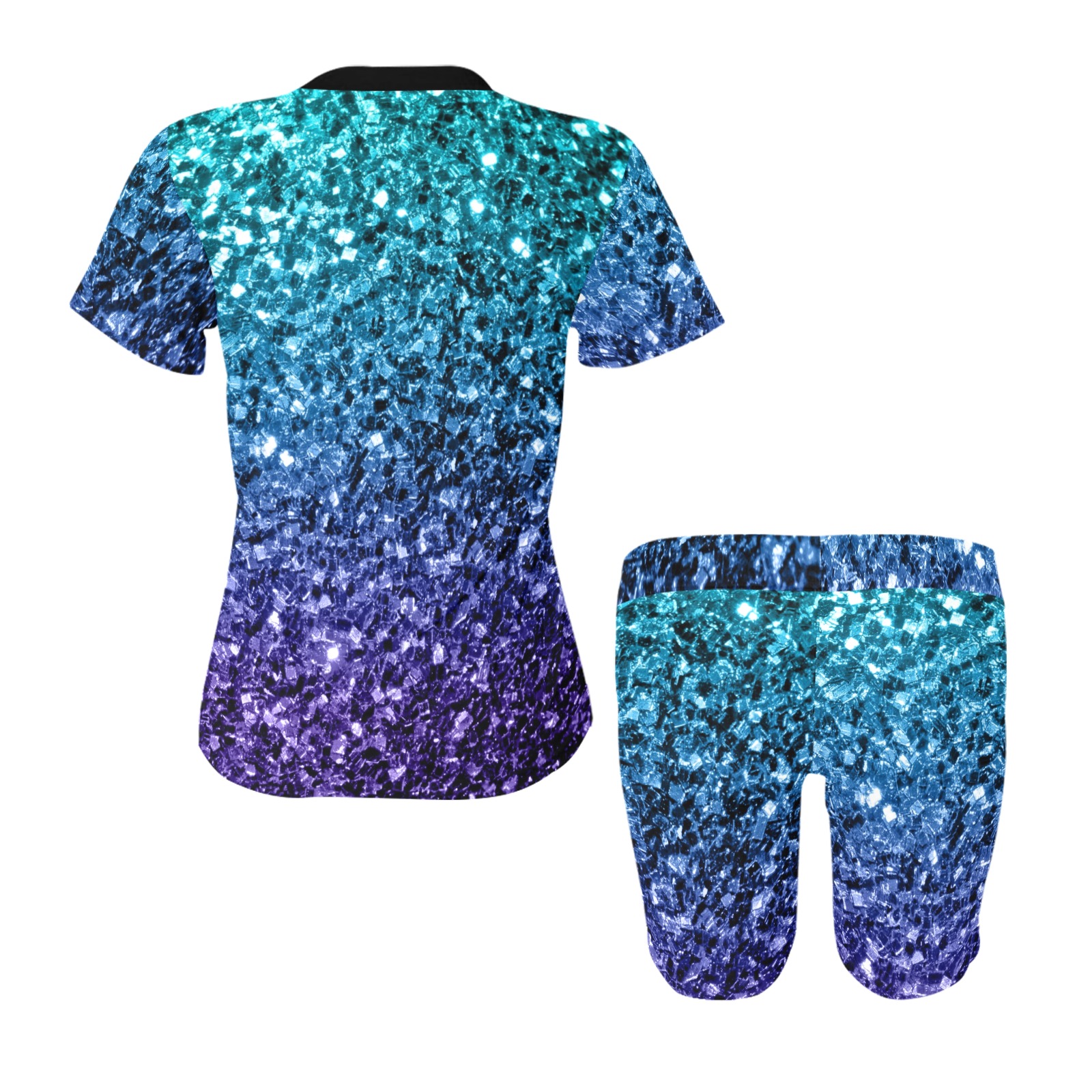 Aqua blue ombre faux glitter sparkles Women's Short Yoga Set