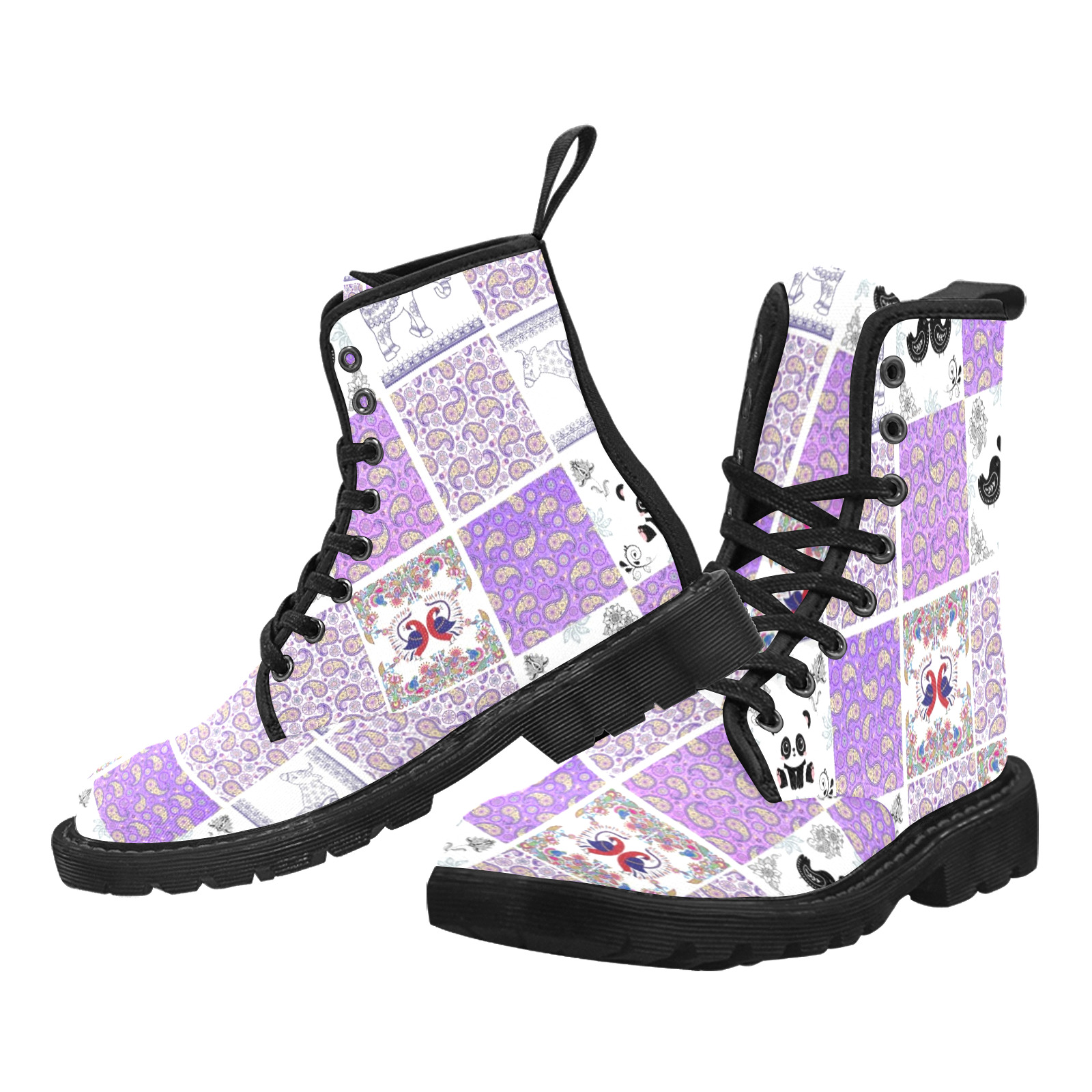 Purple Paisley Birds and Animals Patchwork Design Martin Boots for Women (Black) (Model 1203H)