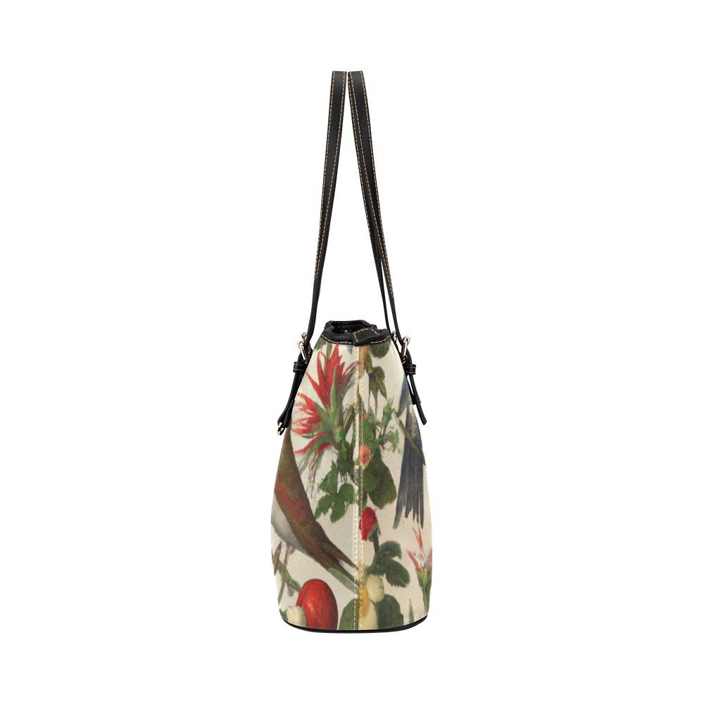 birds and flowers Leather Tote Bag/Large (Model 1651)