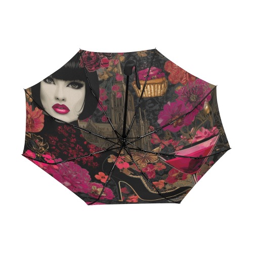 Black Umbrella With Fashion Pop Culture in Fuchsia, Black & Red