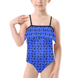 Black Cats Wearing Bow Ties - Blue Kids' Spaghetti Strap Ruffle Swimsuit (Model S26)