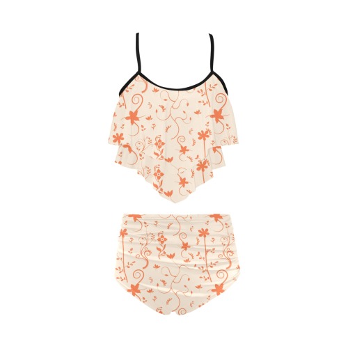 Living Coral Floral Pattern High Waisted Double Ruffle Bikini Set (Model S34)