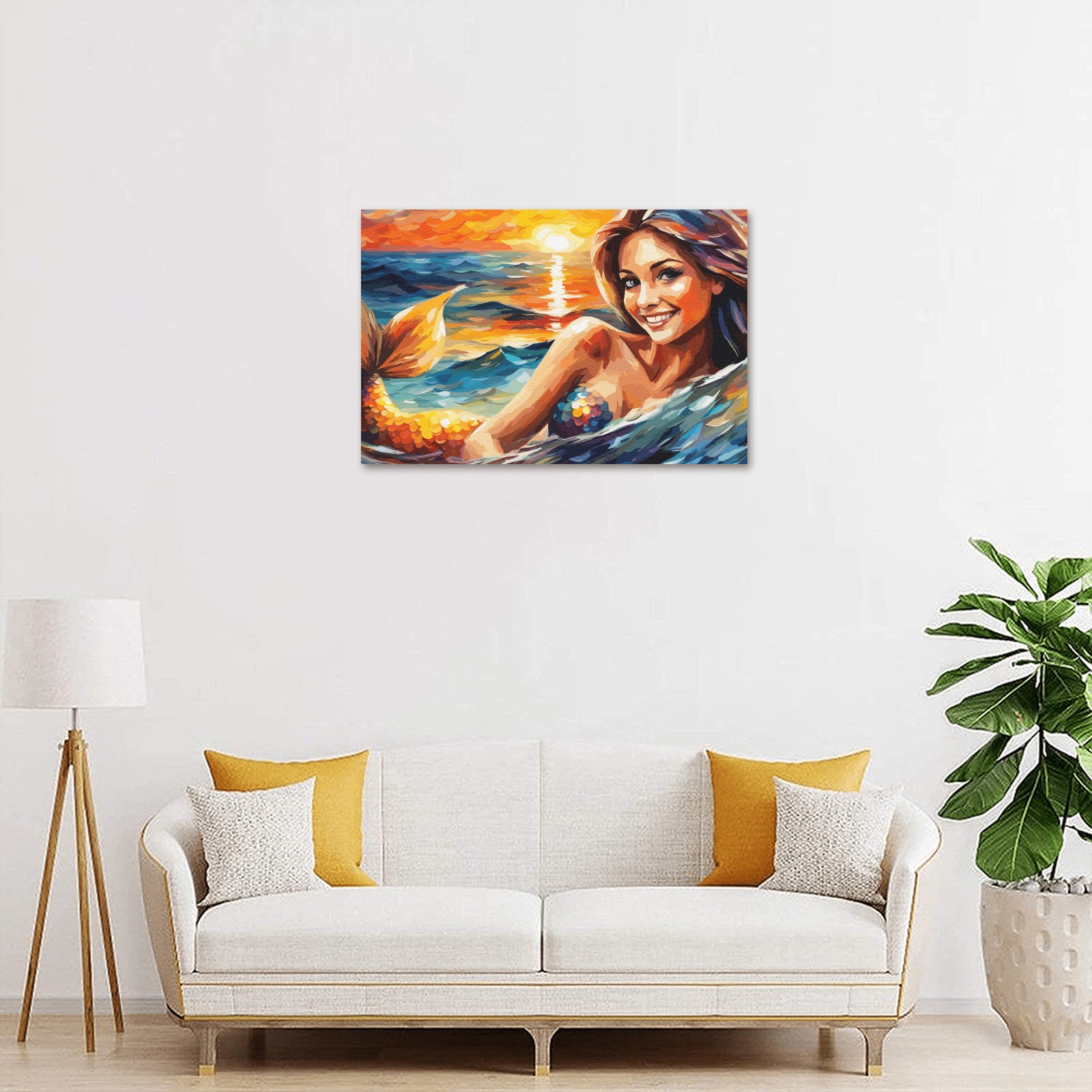 Funny smiling mermaid at sunset. Fantasy art. Upgraded Canvas Print 18"x12"