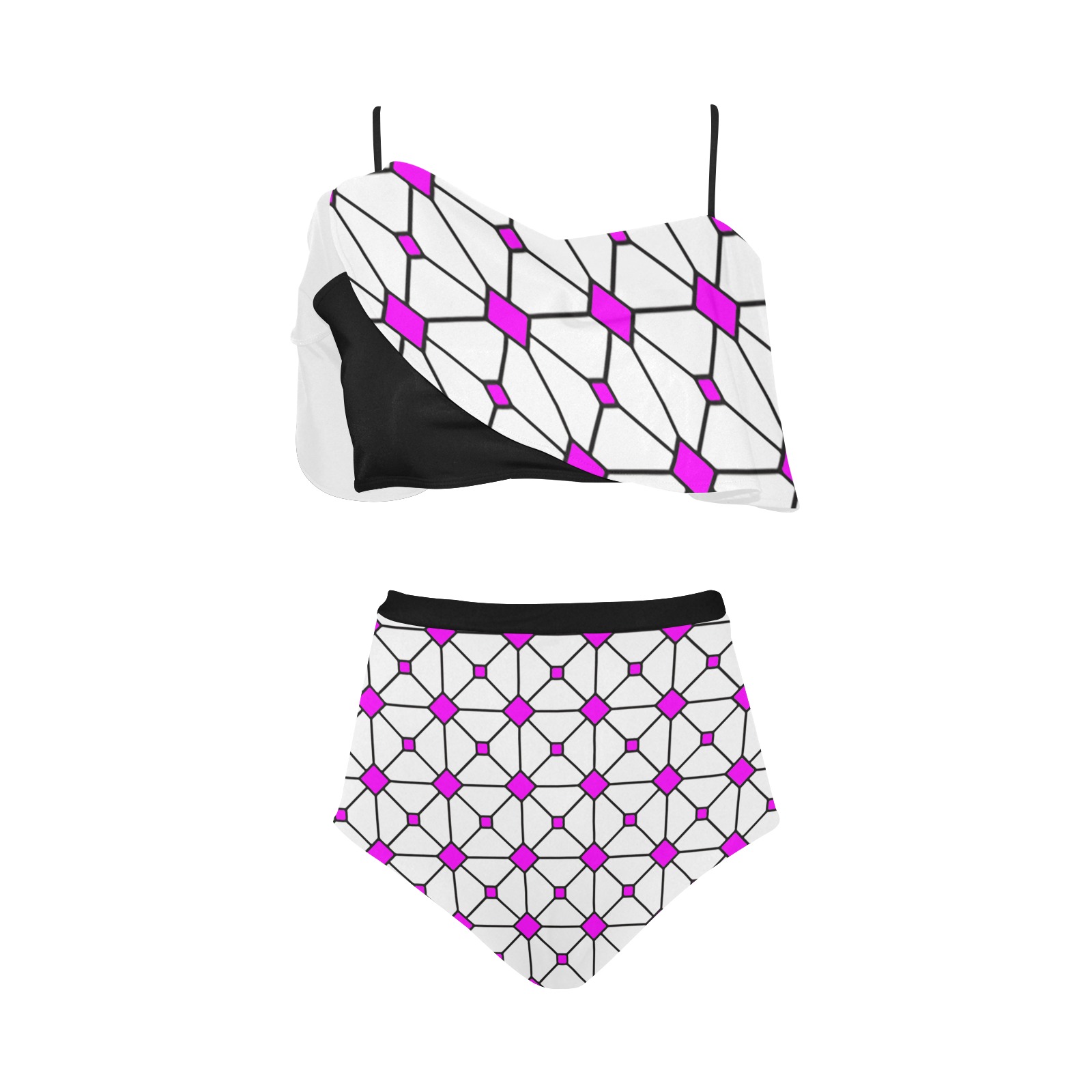 stain glass window shell pink High Waisted Ruffle Bikini Set (Model S13)