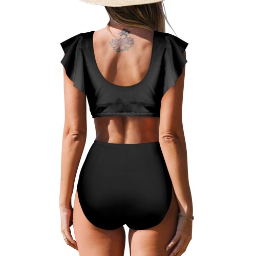 Sun Woman's Swimwear Two Piece Black Women's Ruffle Sleeve Bikini Swimsuit (Model S42)